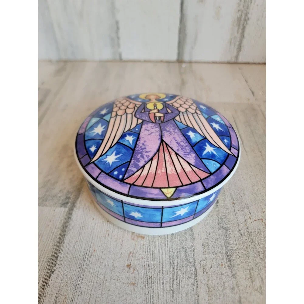 Mikasa angel porcelain angel‎ trinket box container round Vintage